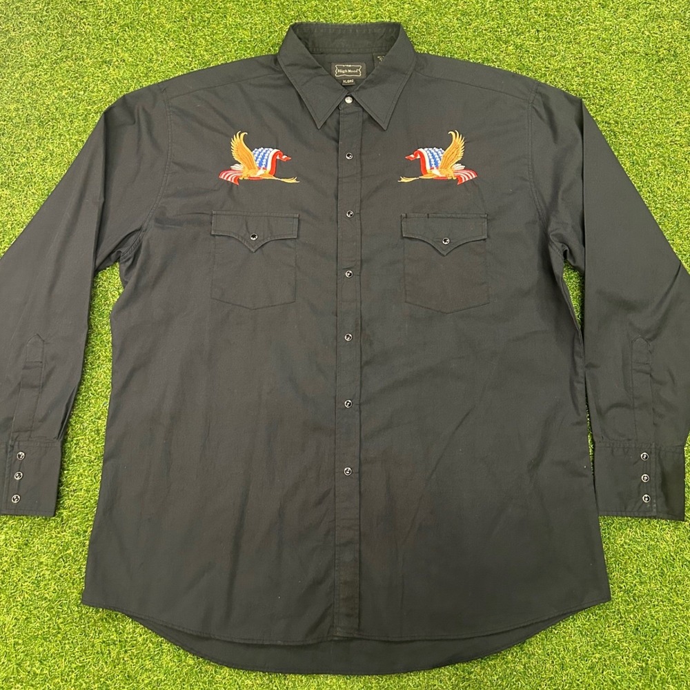 High Noon Mens XL Black Western Pearl Snap Shirt Eagle American Flag Embroidered